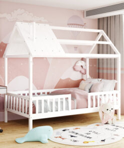 Twin Size Wood House Bed with Fence, White
