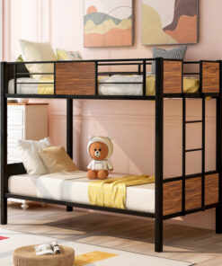 Twin-over-twin bunk bed modern style steel frame bunk bed with safety rail, built-in ladder for bedroom, dorm, boys, girls, adults (OLD SKU:MF190839AAD)