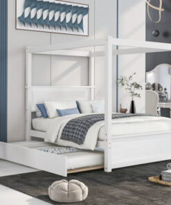 Wood Canopy Bed with Trundle Bed ,Full Size Canopy Platform bed With  Support Slats .No Box Spring Needed, Brushed White