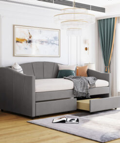 Upholstered daybed Twin Size with Two Drawers and Wood Slat  ,Gray