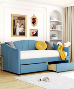 Upholstered daybed Twin Size with Two Drawers and Wood Slat  ,Blue