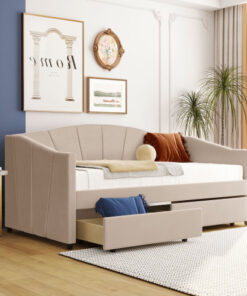Upholstered daybed Twin Size with Two Drawers and Wood Slat  ,Beige