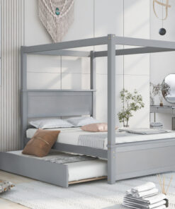 Wood Canopy Bed with Trundle Bed ,Full Size Canopy Platform bed With  Support Slats .No Box Spring Needed, Brushed Gray