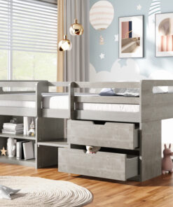 Twin size Loft Bed with Two Shelves and Two drawers (Antique Gray)