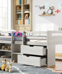Twin size Loft Bed with Two Shelves and Two drawers (Antique White)