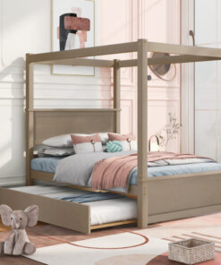 Wood Canopy Bed with Trundle Bed ,Full Size Canopy Platform bed With  Support Slats .No Box Spring Needed, Brushed  Light Brown