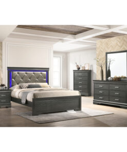 Brooklyn Twin 5 Pc Tufted Upholstery LED Bedroom set made with Wood in Gray