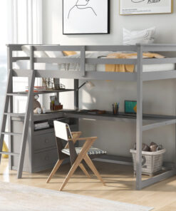 Twin Size Loft Bed with Desk and Shelves,Two Built-in Drawers,Gray(OLD SKU:GX000803AAE)