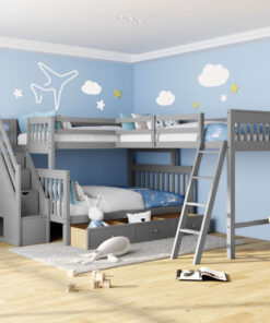 Twin over Full L-Shaped Bunk Bed With 3 Drawers, Ladder and Staircase - Gray