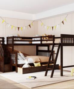Twin over Full L-Shaped Bunk Bed With 3 Drawers, Ladder and Staircase - Espresso