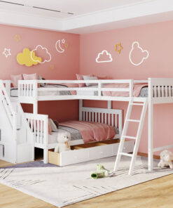 Twin over Full L-Shaped Bunk Bed With 3 Drawers, Ladder and Staircase - White