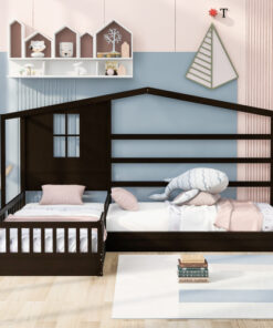 Wood House Bed Twin Size, 2 Twin Solid Bed L structure with fence and slatted frame (Espresso)