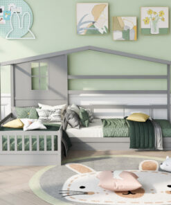 Wood House Bed Twin Size, 2 Twin Solid Bed L structure with fence and slatted frame （Gray)