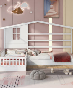 Wood House Bed Twin Size, 2 Twin Solid Bed L structure with fence and slatted frame （White)