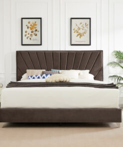 B108 King bed Beautiful line stripe cushion headboard , strong wooden slats + metal legs with Electroplate