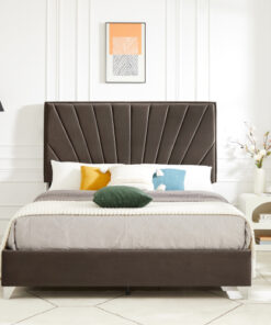 B108 Full bed Beautiful line stripe cushion headboard , strong wooden slats + metal legs with Electroplate
