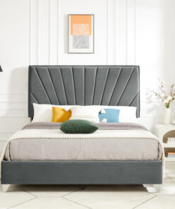 B108 Full bed Beautiful line stripe cushion headboard , strong wooden slats + metal support feet, Gray Flannelette
