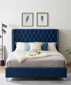 B100S Queen bed, Button designed Headboard,strong wooden slats + metal legs with Electroplate
