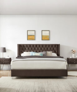 B100S King bed with two nightstands, Button designed Headboard,strong wooden slats + metal legs with Electroplate