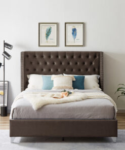 B100S Queen bed, Button designed Headboard,strong wooden slats + metal legs with Electroplate