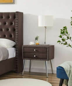 B109-TA Upholstered in durable 100% Brown Velvet nightstand                  
Classic silver rivet elegant button tufted design with two drawer and metal legs