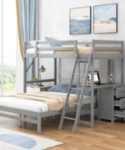 Twin over Full Bunk Bed with Built-in Desk and Three Drawers,Grey