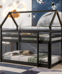 Twin over Twin Loft Bed with Roof Design, Safety Guardrail, Ladder, Espresso