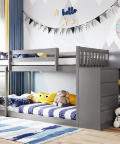 Twin over Twin Bunk Bed with 4 Drawers and 3 Shelves-Gray（OLD SKU: LP000067AAE）