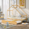 Twin Size Wooden House Bed With Twin Size Trundle, Natural