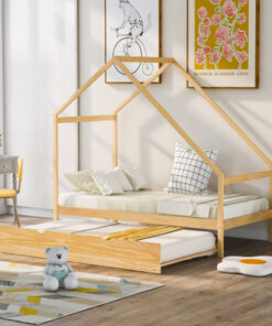 Twin Size Wooden House Bed With Twin Size Trundle, Natural