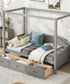 Twin Size Wooden Canopy Daybed with 3 in 1 Storage Drawers,Grey