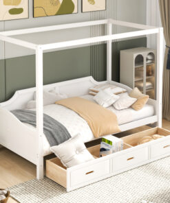 Twin Size Wooden Canopy Daybed with 3 in 1 Storage Drawers,White