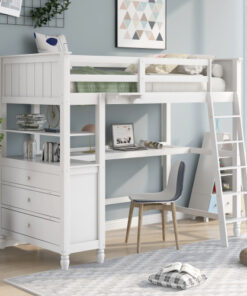 Twin size Loft Bed with Drawers and Desk, Wooden Loft Bed with Shelves - White(OLD SKU: LT001530AAK)