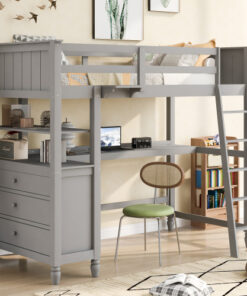 Twin size Loft Bed with Drawers and Desk, Wooden Loft Bed with Shelves - Gray(OLD SKU: LT001530AAE)