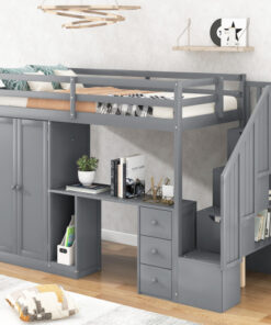Twin Size Loft Bed with Wardrobe and Staircase, Desk and Storage Drawers and Cabinet in 1,Gray
