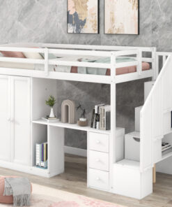 Twin Size Loft Bed with Wardrobe and Staircase, Desk and Storage Drawers and Cabinet in 1, White