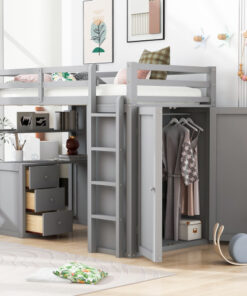 Twin size Loft Bed with Drawers,Desk,and Wardrobe-Gray
