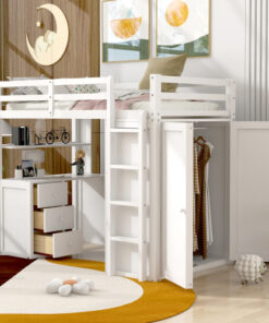 Twin size Loft Bed with Drawers,Desk,and Wardrobe-White