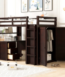 Twin size Loft Bed with Drawers,Desk,and Wardrobe-Espresso