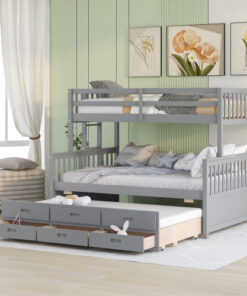 Twin-Over-Full Bunk Bed with Twin size Trundle , Separable Bunk Bed with Drawers for Bedroom - Gray