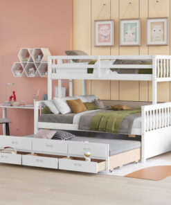 Twin-Over-Full Bunk Bed with Twin size Trundle , Separable Bunk Bed with Drawers for Bedroom - White