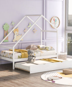 Twin Size Wooden House Bed With Twin Size Trundle, White