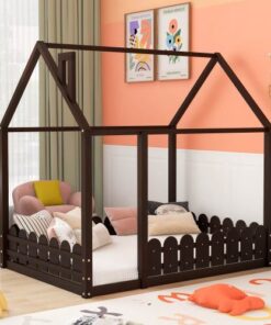 (Slats are not included)Full Size Wood Bed House Bed Frame with Fence,for Kids,Teens,Girls,Boys (Espresso )(OLD SKU:WF281294AAP)