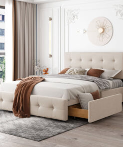 Upholstered Platform Bed with Classic Headboard and 4 Drawers, No Box Spring Needed, Linen Fabric, Queen Size Beige(OLD SKU :LP000114AAA)