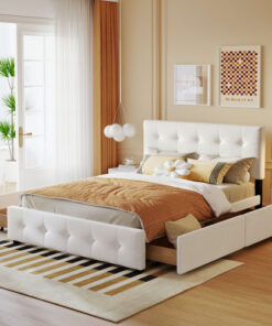 Upholstered Platform Bed with Classic Headboard and 4 Drawers, No Box Spring Needed, Linen Fabric, Queen Size White