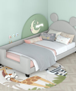 Twin Size Upholstered Daybed with Carton Ears Shaped Headboard, Grey