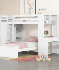 Twin size Loft Bed with a Stand-alone bed, Shelves,Desk,and Wardrobe-White