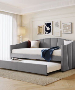 Upholstered Daybed Sofa Bed Twin Size With Trundle Bed and Wood Slat ,Gray