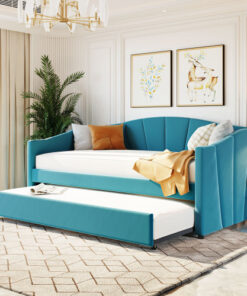 Upholstered Daybed Sofa Bed Twin Size With Trundle Bed and Wood Slat ,Blue