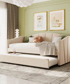 Upholstered Daybed Sofa Bed Twin Size With Trundle Bed and Wood Slat ,Beige